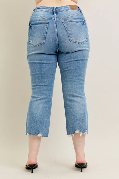 Judy Blue MR Vintage Wash Destroy Hem Kick Flare Jeans with frayed hems, back pocket distressing. Sizes: 0-18W.