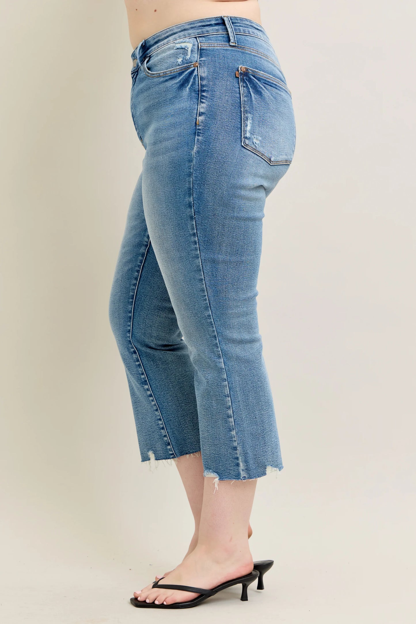 Judy Blue MR Vintage Wash Destroy Hem Kick Flare Jeans; sizes available: 24-32.