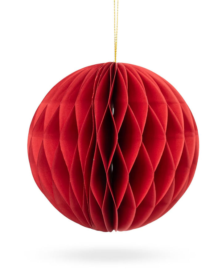 Anderson Paper 6” Ornament: red paper honeycomb sphere with gold hanging string.