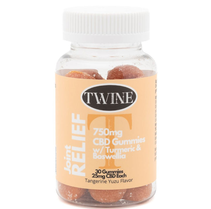 30-count clear bottle of Joint Relief Gummies, each 25mg CBD; total 750mg. Tangerine yuzu flavor. Only available in 30-pack.