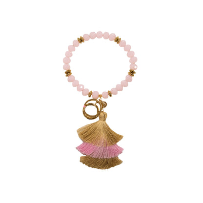 Bead Bangle Crystal Keychain with pale pink and gold beads, gold clasp, three-tiered tassel. Sizes: S, M, L.