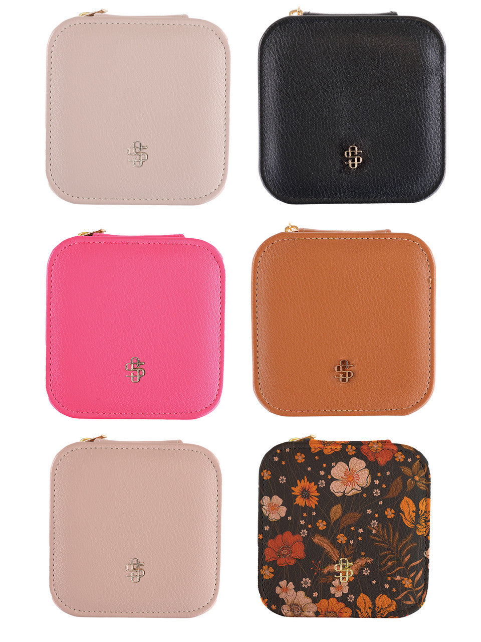 Six Simply Southern Leather Jewelry Cases. Colors: Cream, Black, Bright Pink, Light Brown, Pink, Floral Pattern. Features: Small logo at the bottom center and top zipper. Sizes available: Compact coin purse size only.