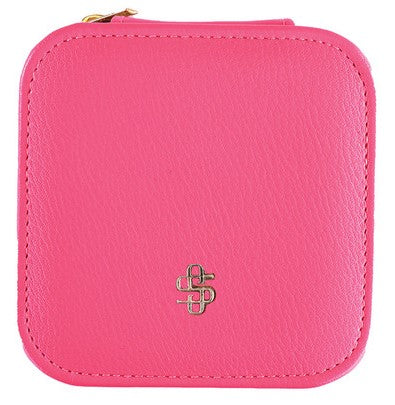 Bright pink PU leather Simply Southern Jewelry Case with gold zipper. Subtle embossed logo on the front. Rounded corners. Available sizes: Small, Medium, Large.