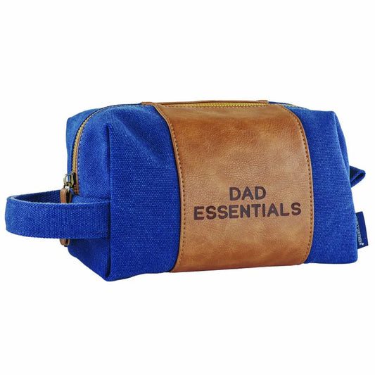 Blue and brown men's cloth and leather bag with handle, zipper, "DAD ESSENTIALS" stamp. Sizes: S, M, L.