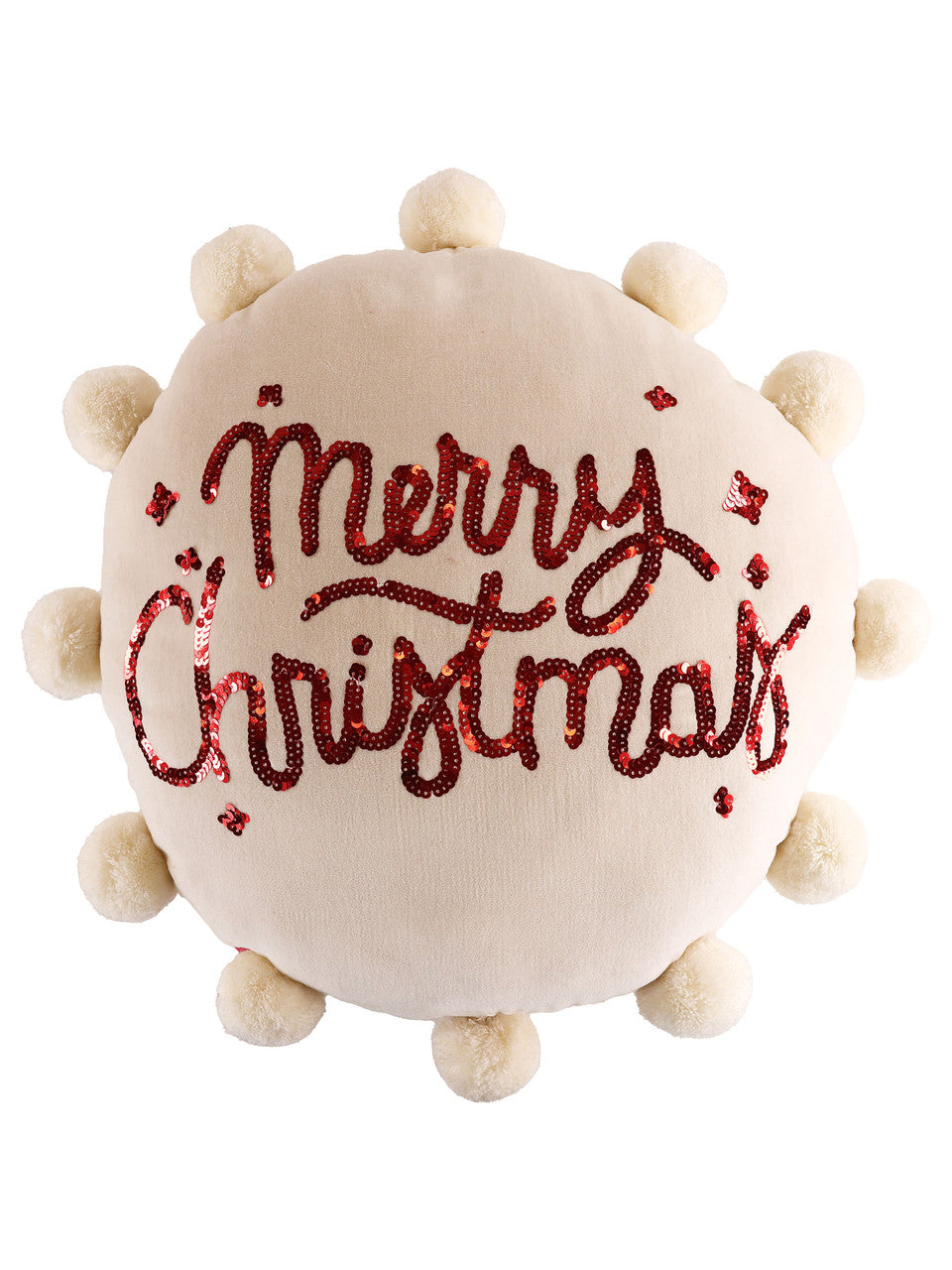 Merry Christmas Pom Pom Pillow: a round, cream-colored cotton holiday pillow with pom-pom trim and red sequin text.