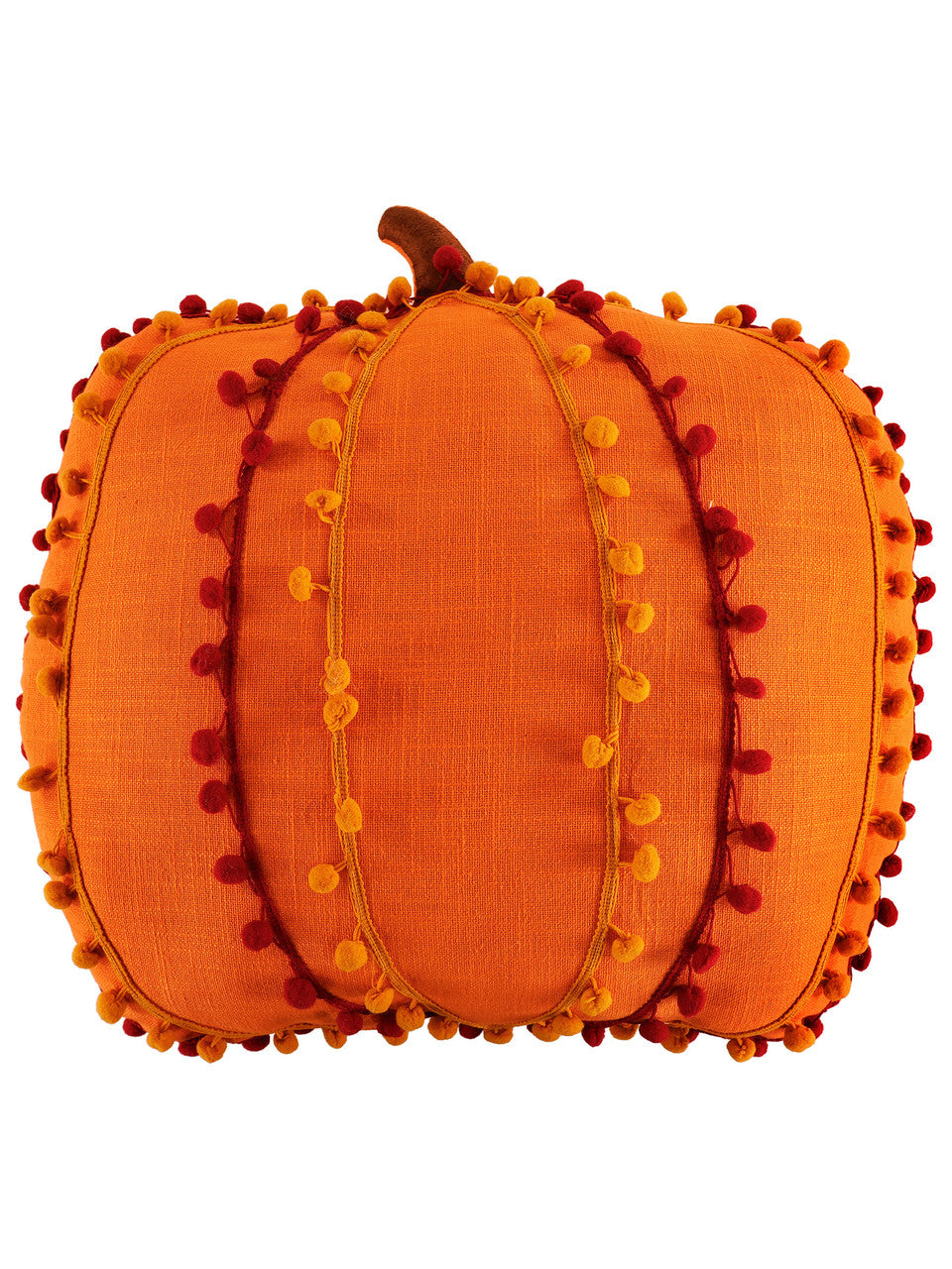 **Pumpkin Pom Pom Pillow**  
- Orange pumpkin-shaped decorative pillow  
- Yellow and red pom-pom accents outlining segments  
- Small brown stem at the top  

**Sizes available:**  
- Small: 12" x 12"  
- Medium: 18" x 18