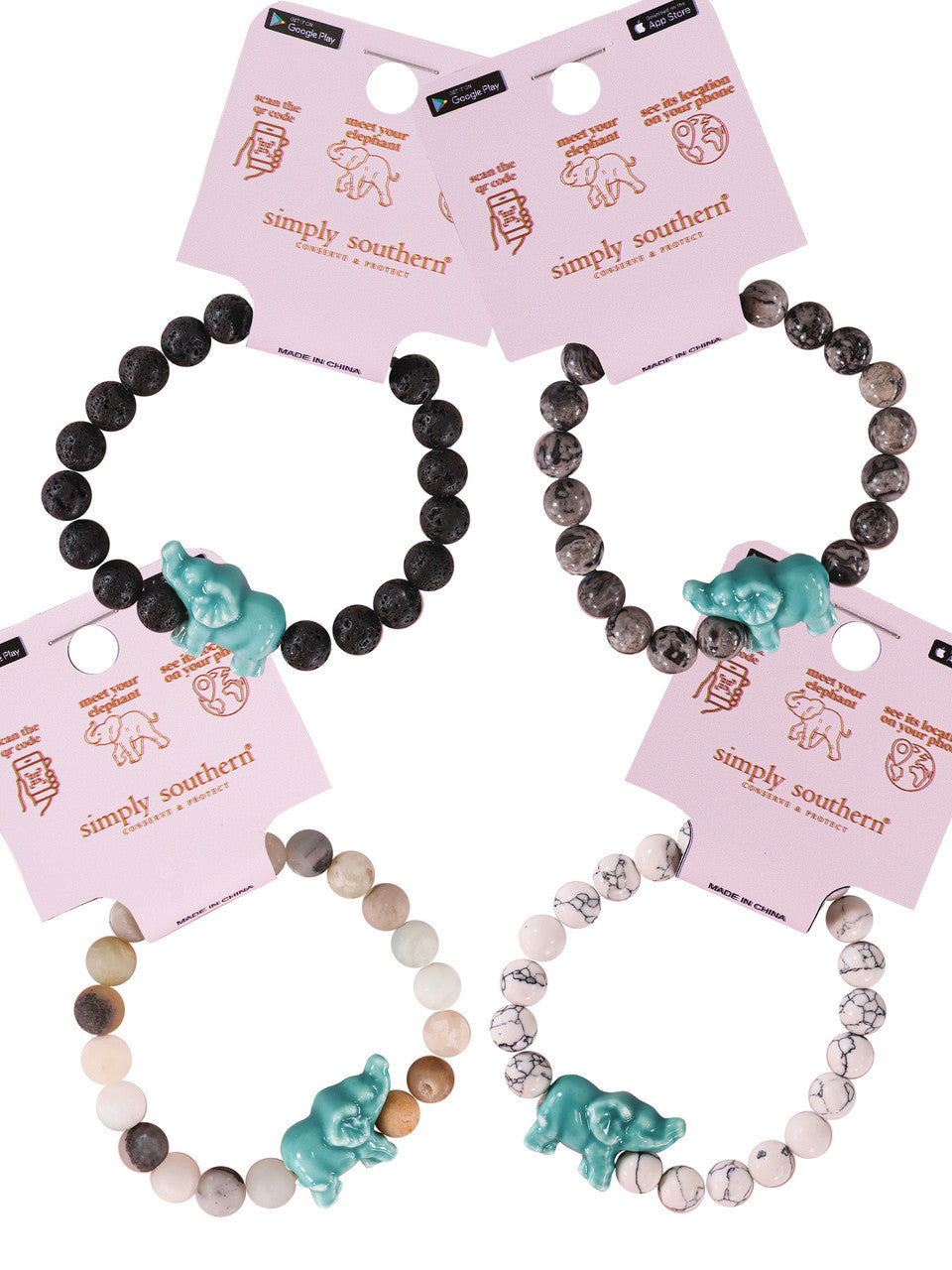 Four Simply Southern Elephant Track Bracelets featuring unique marble styles in black, gray, and white with a turquoise elephant charm. Available size: One Size Fits All.