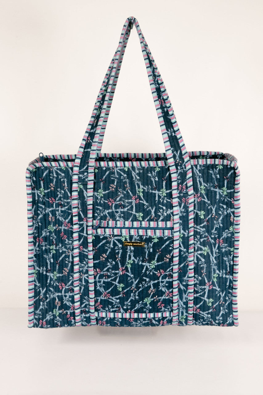 Quilted Cosmo Ribbon Tote: blue floral, striped trim, front pocket, yellow tag, long handles. Sizes: standard only.