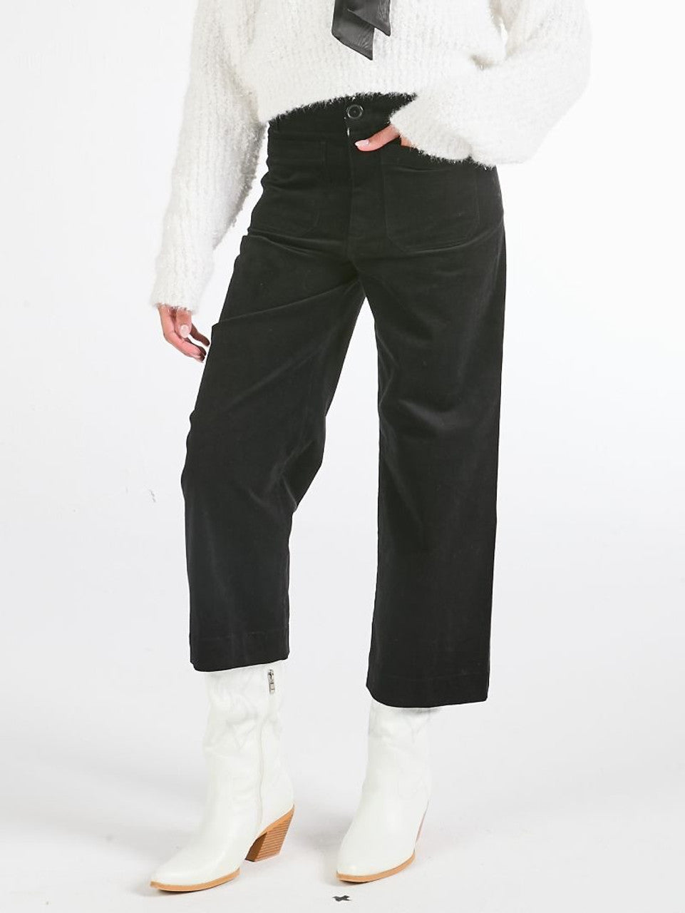 Black Corduroy Cropped Wide Pants shown; available in sizes XS–XL.