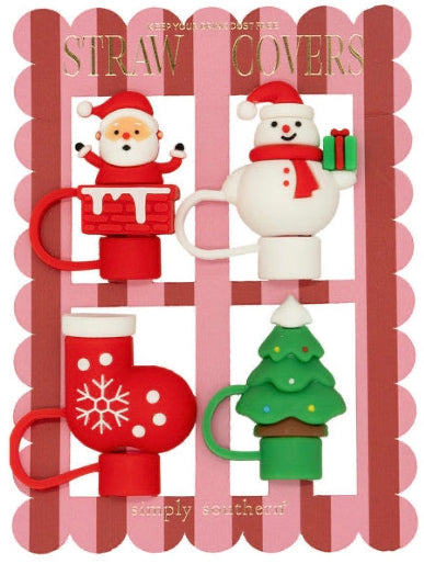 Holiday Straw Covers in four festive designs: Santa in a chimney, snowman, Christmas stocking, and tree. Available in various sizes.