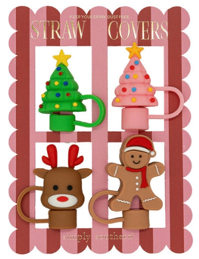 Holiday Straw Covers in four festive designs: green Christmas tree, pink Christmas tree, reindeer, and gingerbread man.