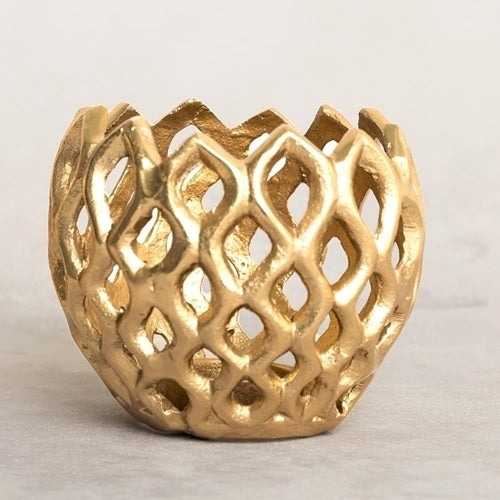 The Votive Gold Diamond is a gold-colored metal candle holder with a diamond lattice pattern. Sizes: small, medium, large.