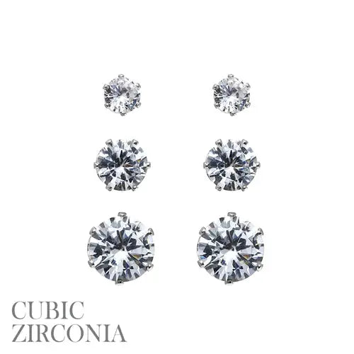 Set of 3 5/7/9mm Silver Crystal Studs