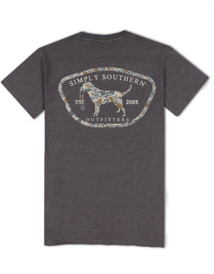 Dark gray Men’s Camodog tee with camo shirt graphic, text, blue/tan outlined horse on back. Sizes: S-XXL.