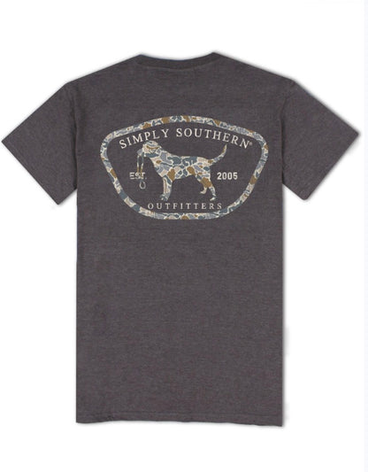 Dark gray Men’s Camodog tee with camo shirt graphic, text, blue/tan outlined horse on back. Sizes: S-XXL.