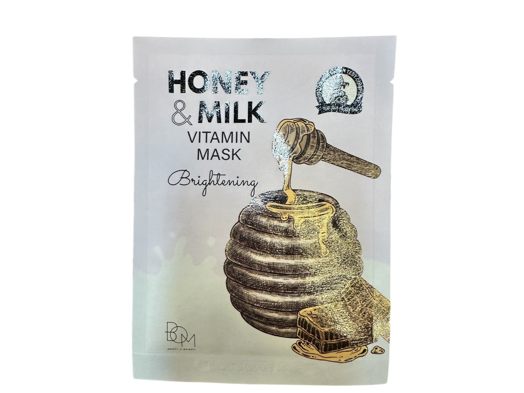 Face Mask package with honey dipper, jar, and honeycomb. Collagen-infused for brightening. Available in multiple sizes.