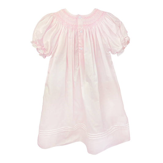Back of Pink daygown with heart smocking and pearls