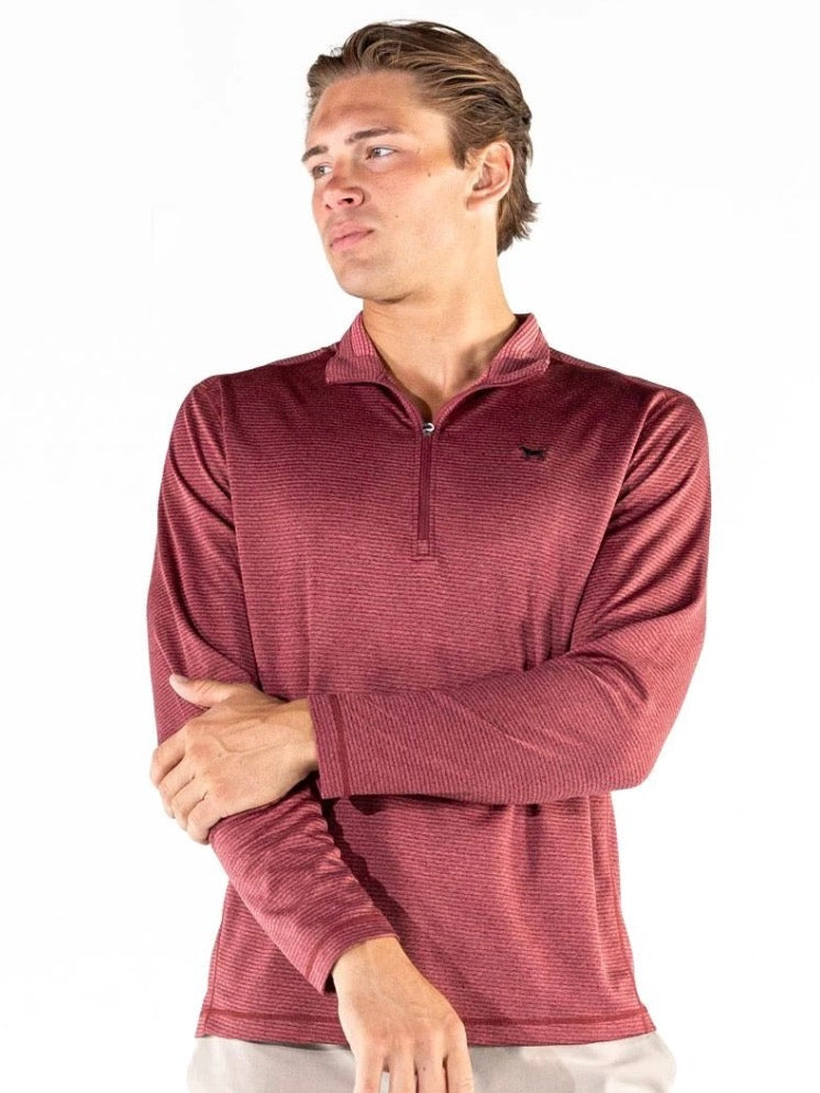 Oxblood quarter-zip tech shirt with a subtle horizontal stripe pattern. Available in sizes S-XXL.