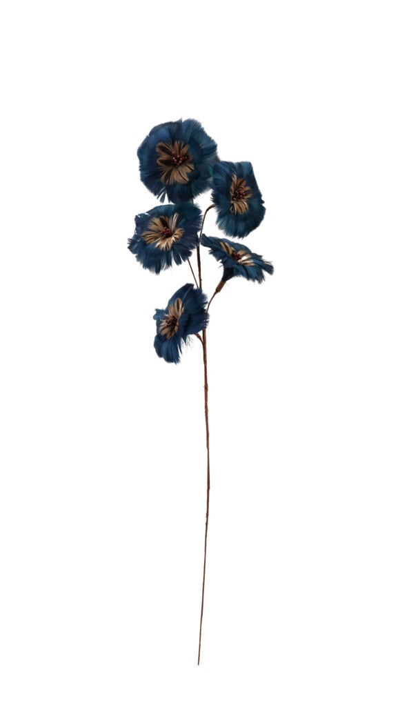 Indigo Feather Floral Stem with five dark blue flowers on a brown stalk.