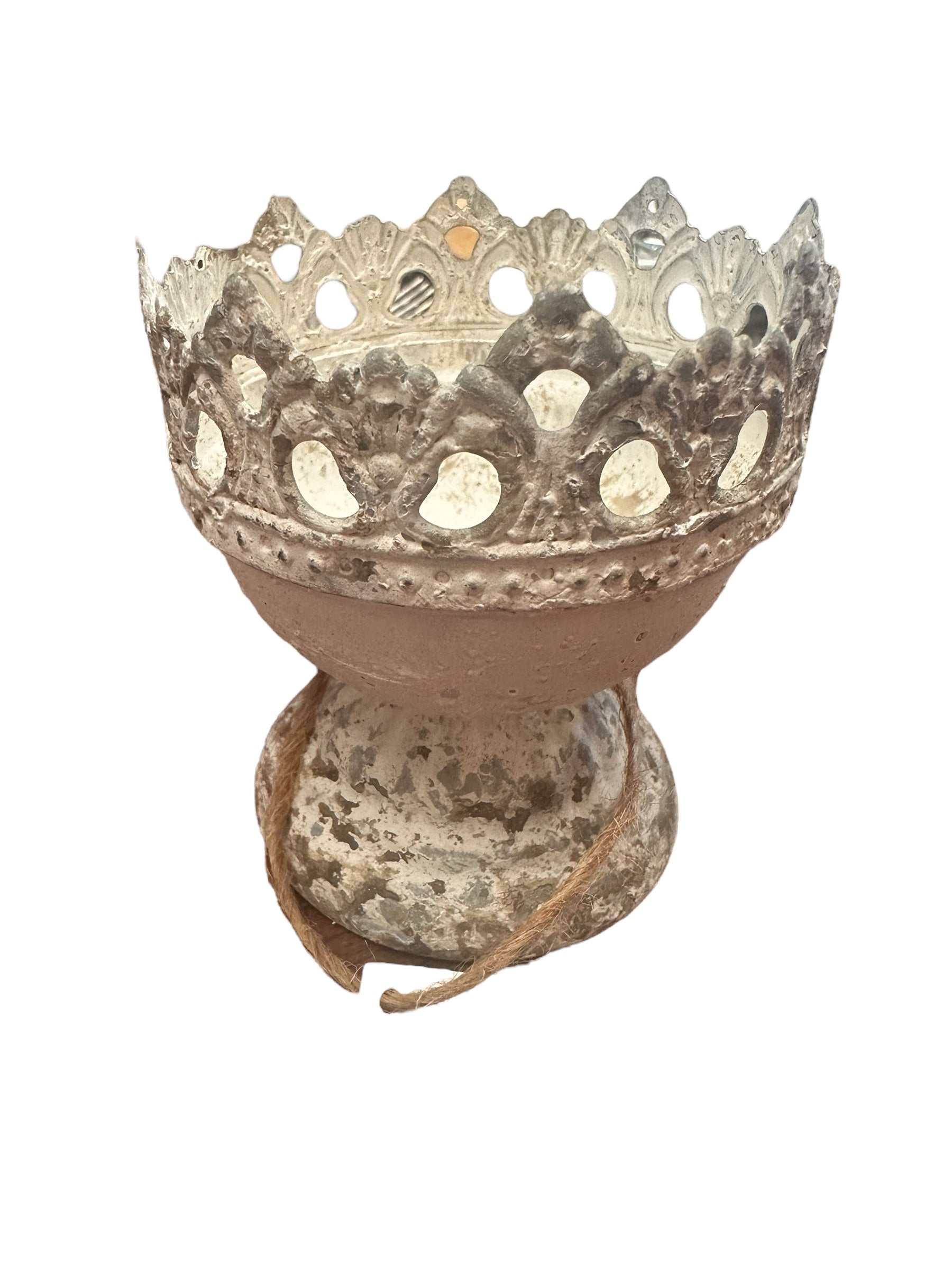 Ornate vintage **White Urn Metal** with lacy openwork rim, decorative pedestal base, weathered patina finish, and twine wrap. Sizes: Small, Medium, Large.