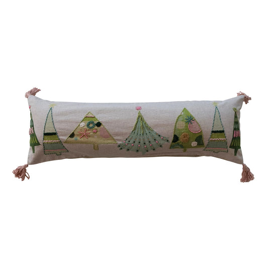 Embroidered Cotton Printed Lumbar Pillow w/ Tassels & Beads