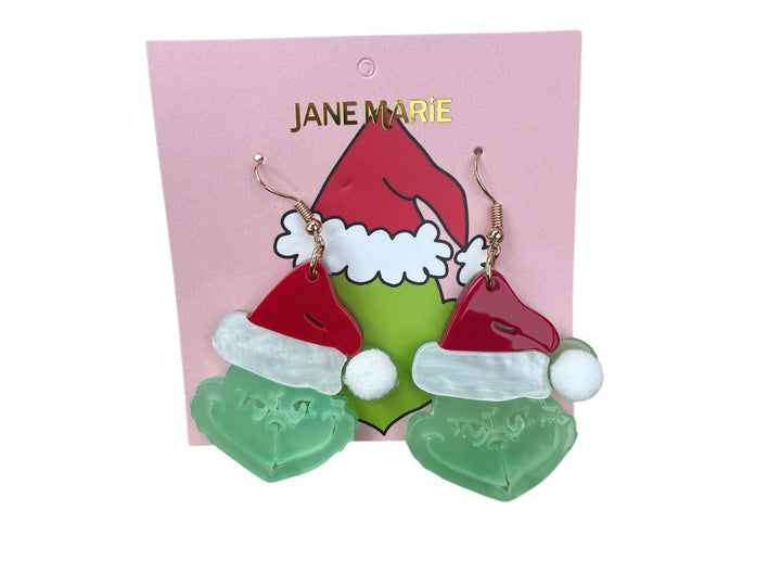 Green creature Christmas earrings with red Santa hats. Available in multiple sizes.