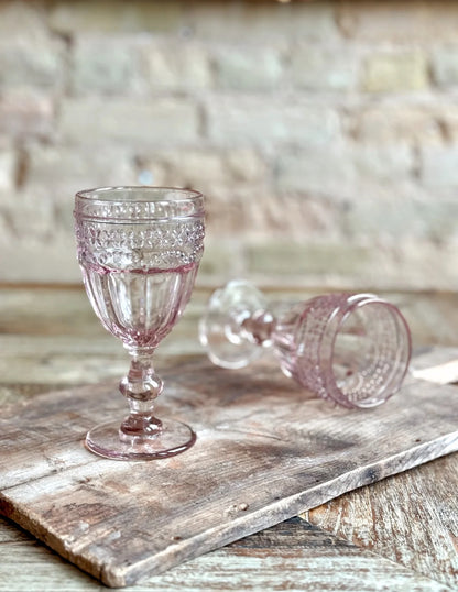Two Marseille & Remi Glass Blush vintage-style goblets shown; available in 10 oz and 14 oz sizes.