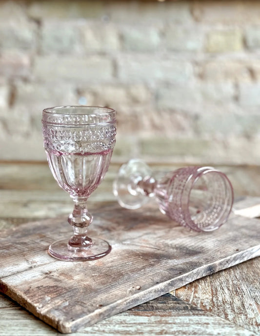 Two Marseille & Remi Glass Blush vintage-style goblets shown; available in 10 oz and 14 oz sizes.