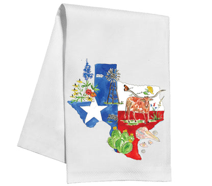 Handpainted Kitchen Towel with Texas icons, machine washable. Available sizes: 16"x28", 20"x30".