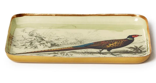 Rectangular metal trinket/desk tray with gold edges and a vibrant pheasant illustration. Available sizes: small, medium, large.