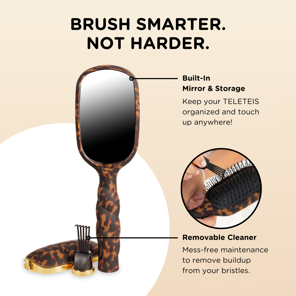 Detangler Hair Brush for Thick Hair - Tortoise with built-in mirror, storage compartment, removable bristle cleaner. Sizes available: standard and travel.