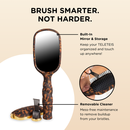 Detangler Hair Brush for Thick Hair - Tortoise with built-in mirror, storage compartment, removable bristle cleaner. Sizes available: standard and travel.