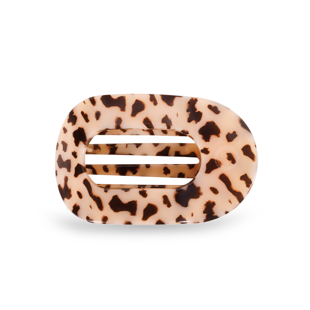 TELETIES Flat Round Hair Clip in beige and black tortoiseshell with horizontal slats. Available in small and large sizes.