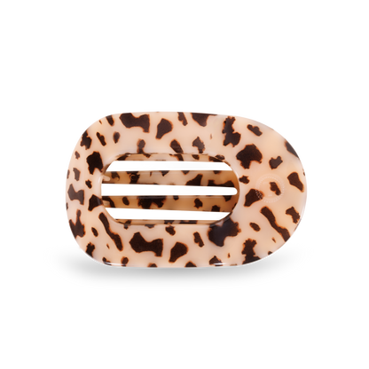 TELETIES Flat Round Hair Clip in beige and black tortoiseshell with horizontal slats. Available in small and large sizes.