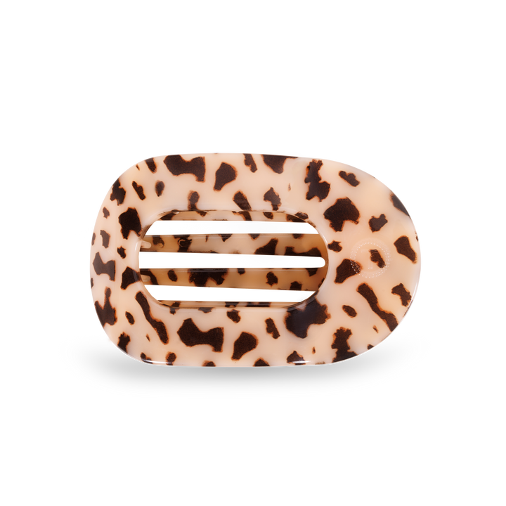 TELETIES Flat Round Hair Clip in beige and black tortoiseshell with horizontal slats. Available in small and large sizes.