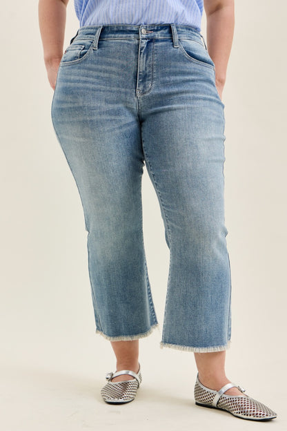 Judy Blue MR Kick Flare Jeans with frayed hem, available in sizes 0-20.