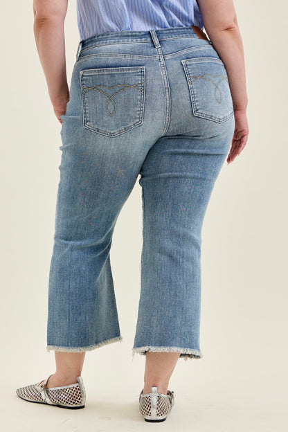 Judy Blue MR Kick Flare Jeans with frayed hem. Available in sizes 24-32.