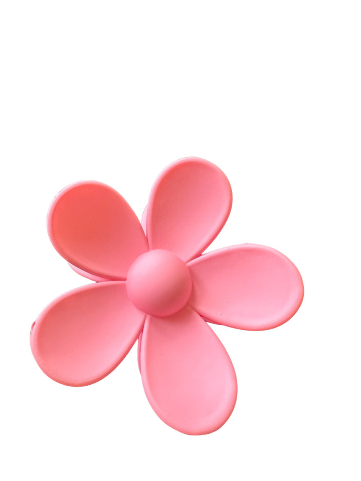 Pink five-petaled flower hair clip, smooth texture. Sizes: Small, Medium.