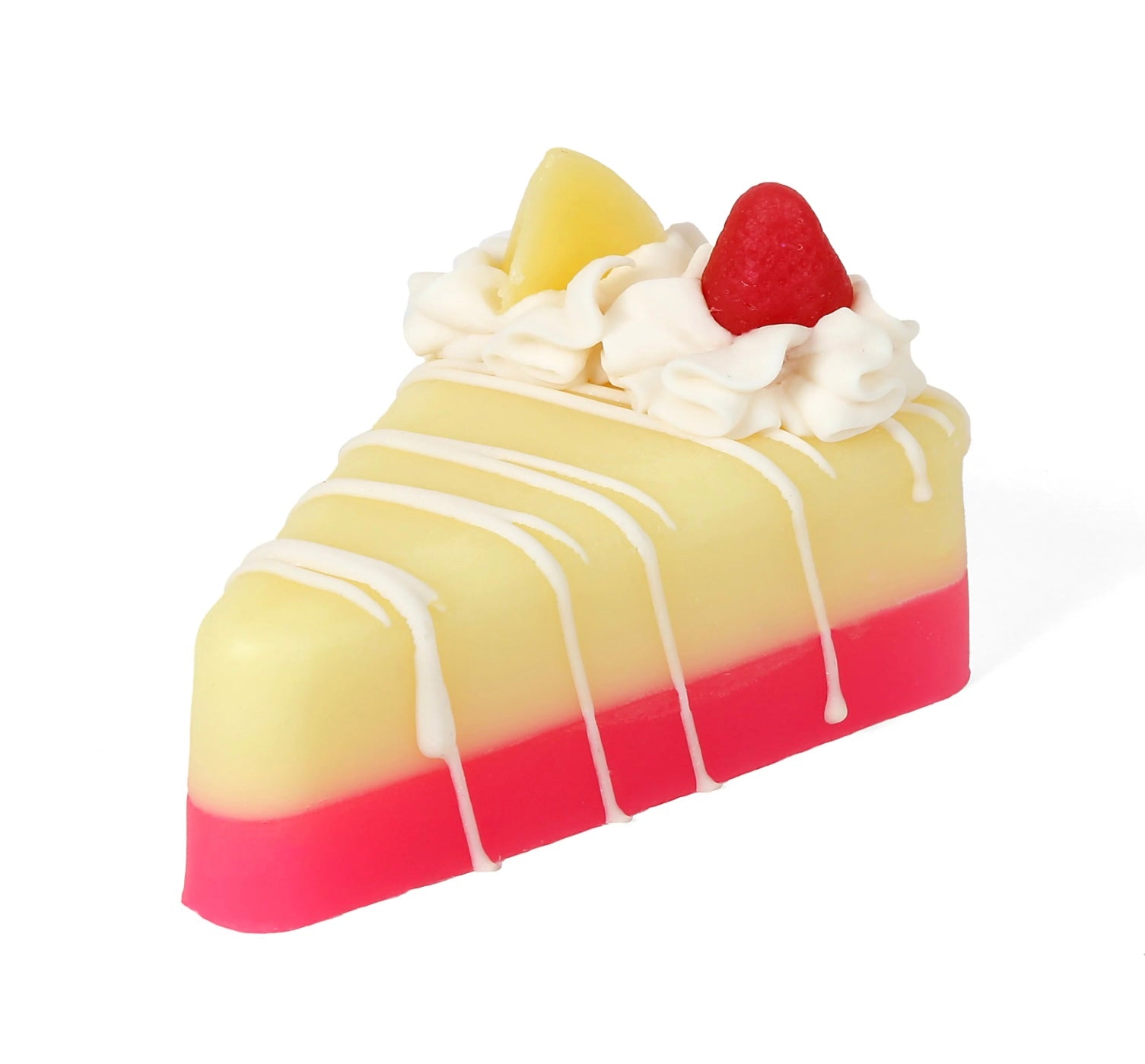 Handmade Artisan Pie Soap Mix: layered pink, yellow, and white slice, whipped cream top, candies, icing. Available in 3oz and 6oz.