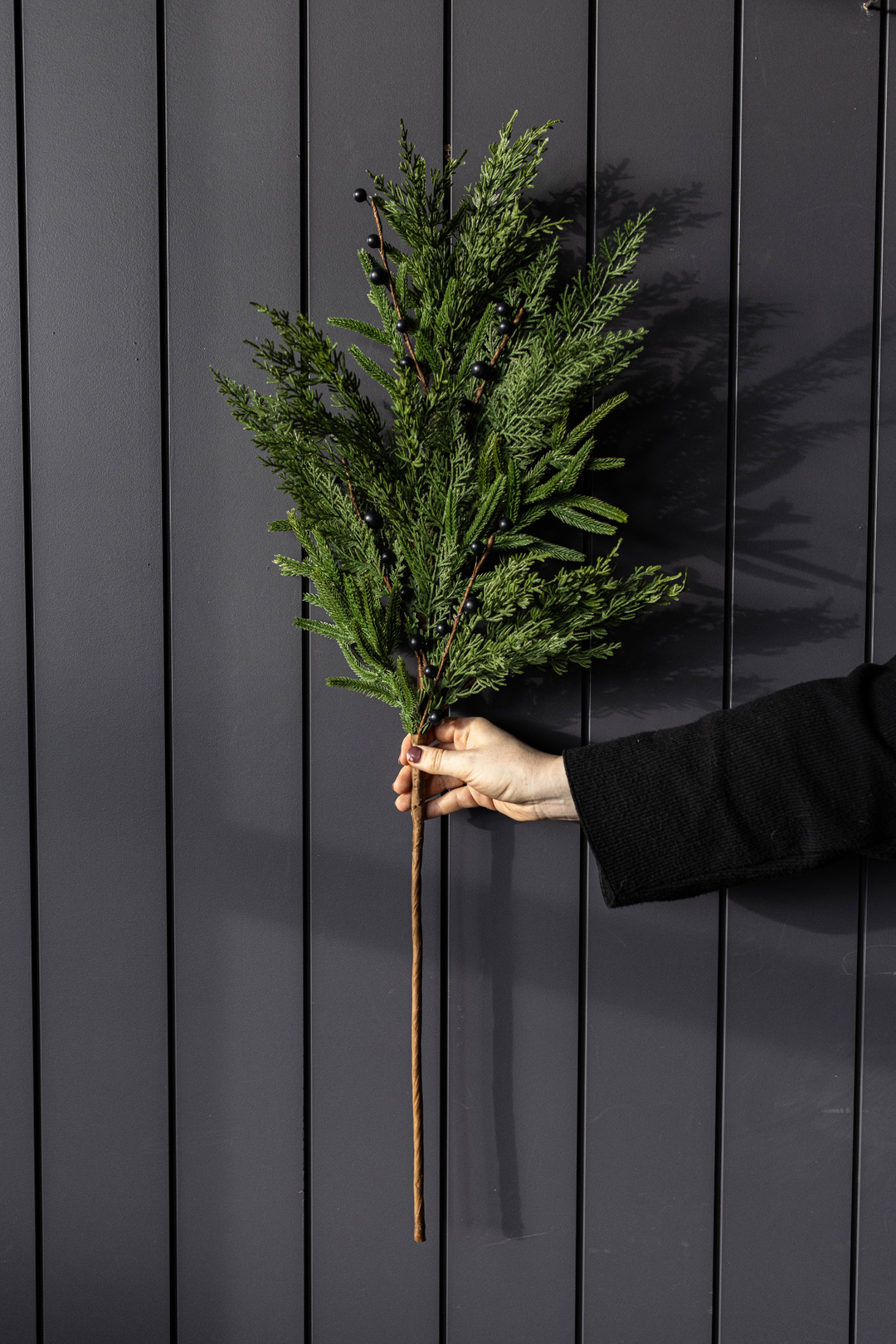 22” Navy Plum Berry Norfolk Cypress Real Touch Stem with dark berries and blue plum accents.
