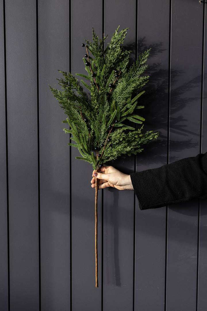 22” Navy Plum Berry Norfolk Cypress Real Touch Stem with dark berries and blue plum accents.
