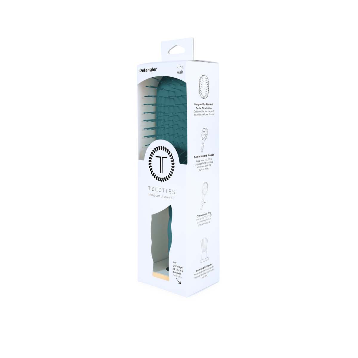A Detangler Hair Brush for Fine Hair - Teal With It is shown in sleek white TELETIES packaging with a window displaying the gentle bristles. Available sizes: Not specified.