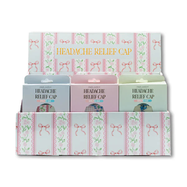 Headache Relief Cap in blue, pink, and green pastel packages with pink bows; sizes S, M, L. For migraine or sinus relief.