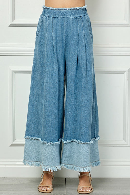 Fringe Detail Wide Denim Pants with frayed hems, light ankle band, cotton denim. Sizes: XS-XL.