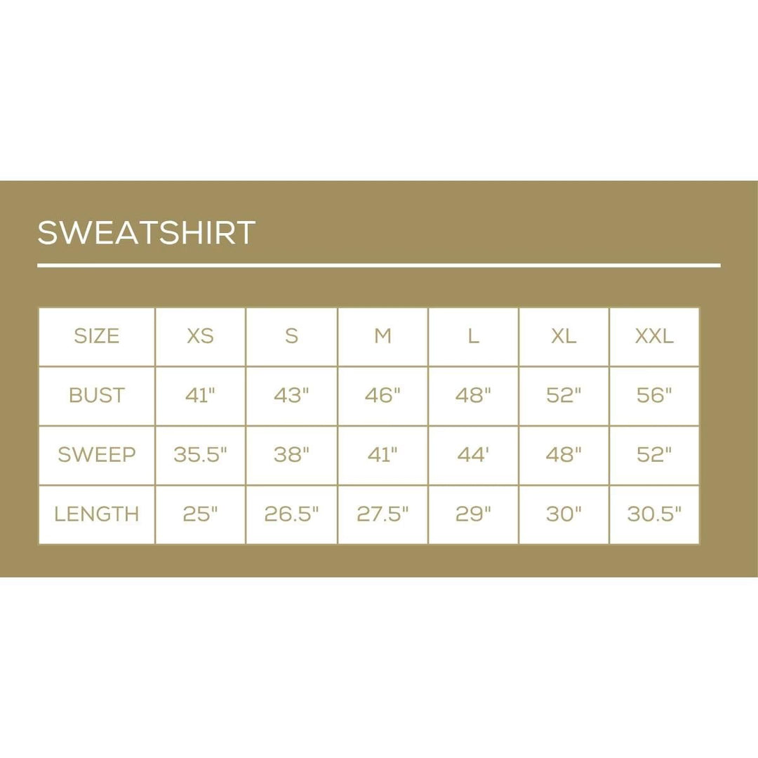 Clara Wreath Sequin Sweatshirt sizing chart (XS–XXL): bust 41″–56″, sweep 35.5″–52″, length 25″–30.5″.