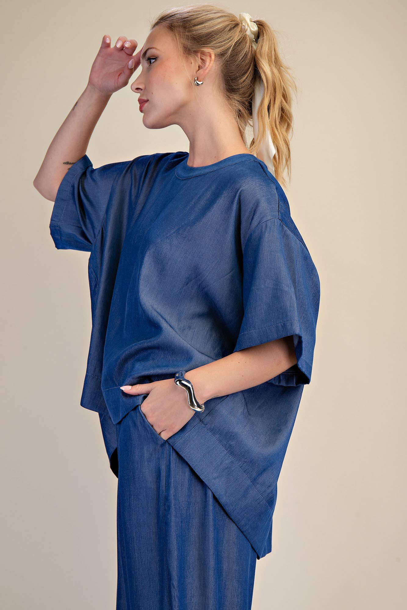Indigo Round Neck Band Oversize Shirt