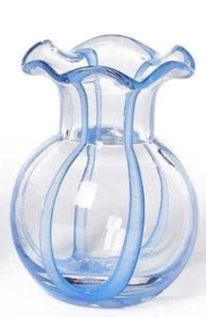 Clear glass vase with a flared, ruffled rim and bold vertical blue ribbons from top to bottom. Available sizes: small, medium, large.