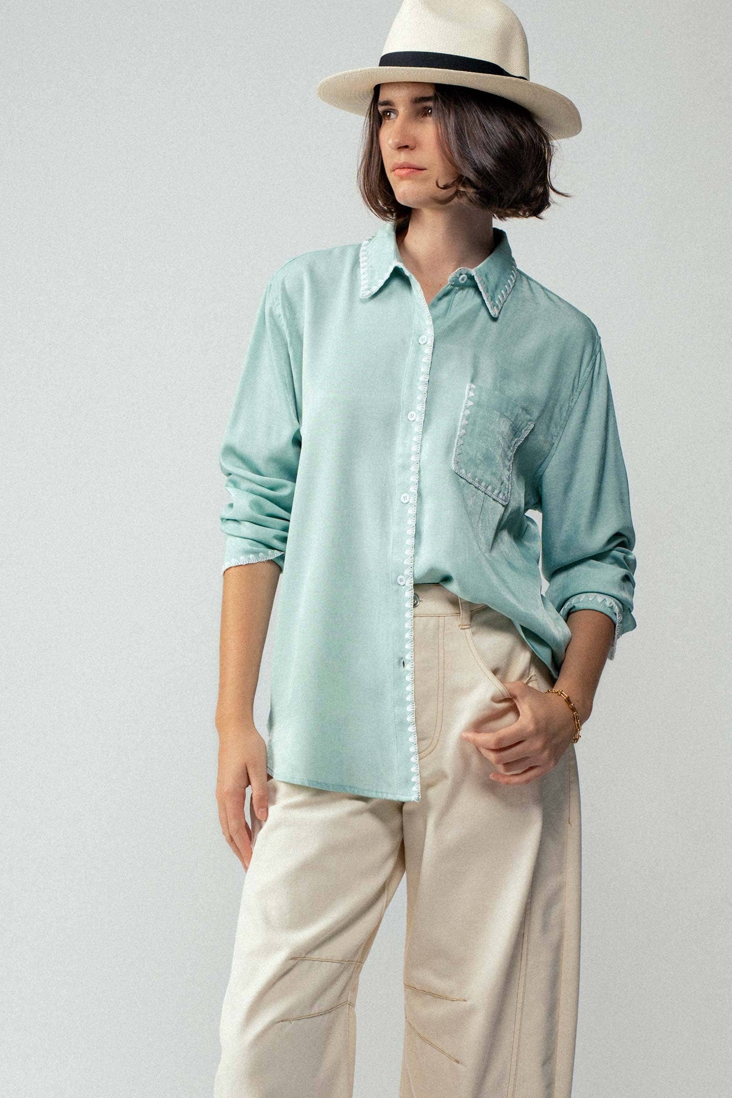 Sage Smooth Silk Long Sleeve Dress Shirt, available in sizes XS–XL.