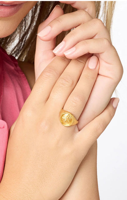 Bee Signet Ring Gold with embossed bee design. Available in sizes 6, 7, and 8.
