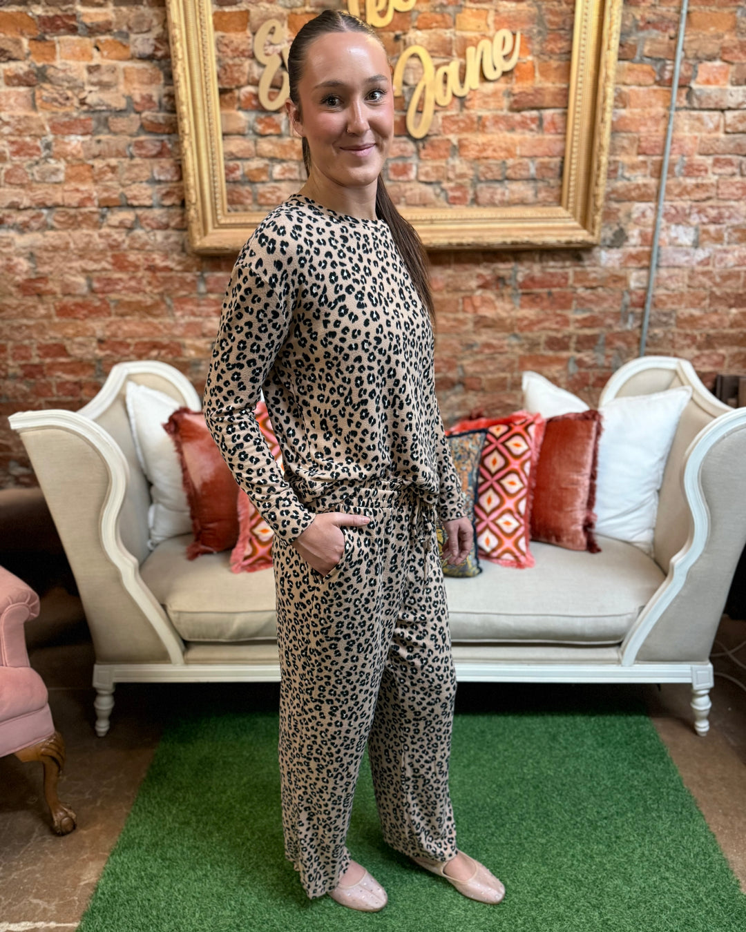 Sophie Leopard Print Pajama Set, available in sizes XS–XL.